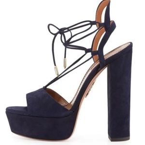 Aquazzura Austin Plateau Platform Strappy Sandals 37 Navy Suede